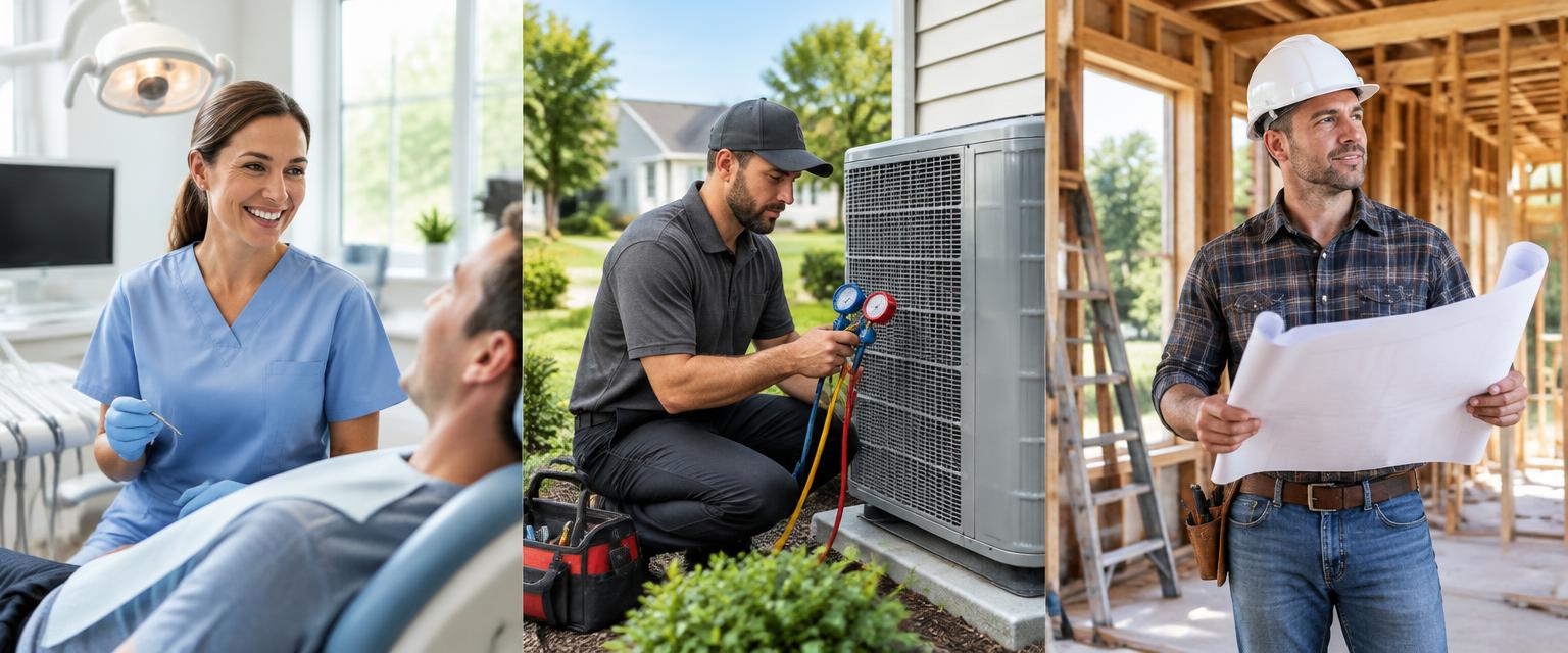 A dentist, an HVAC technician and a construction contractor at work