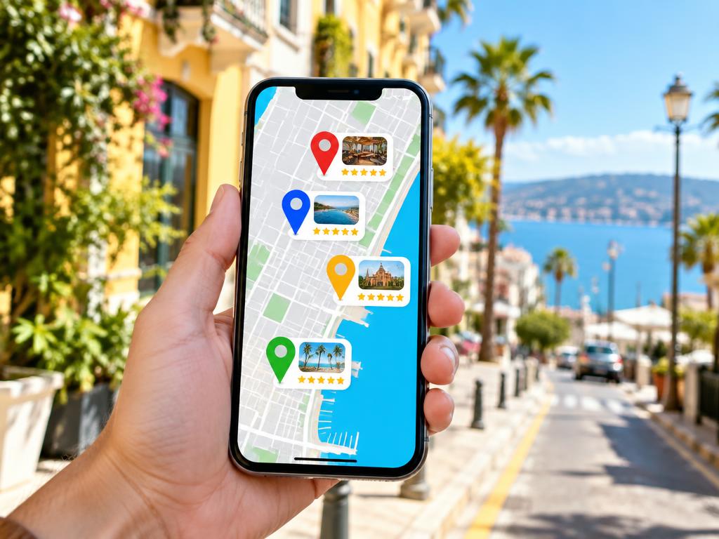 Phone showing local businesses pinned on a map at night