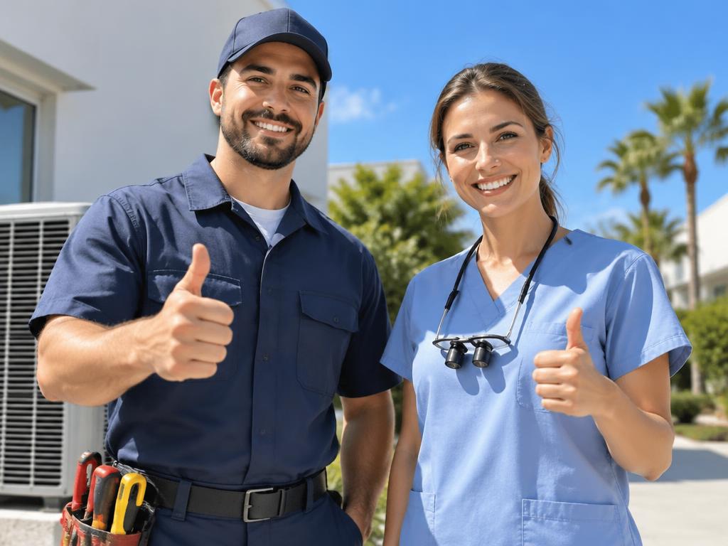 Friendly HVAC technician and dentist smiling outdoors