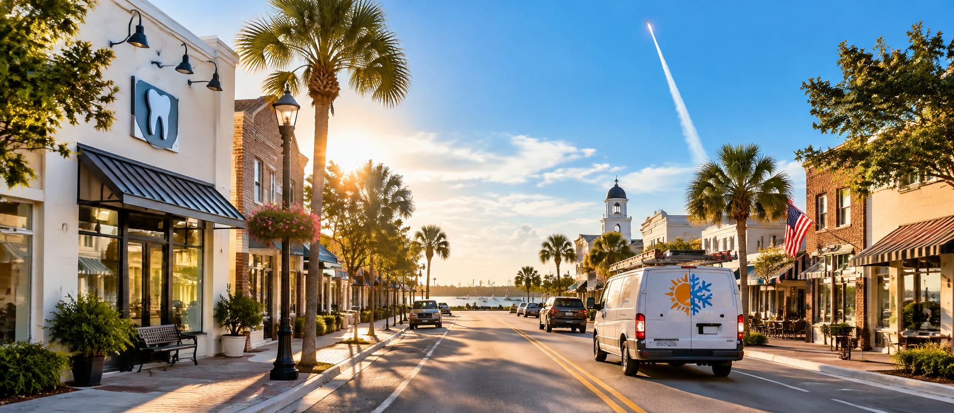 Sunny main street with a dental office and an HVAC van, a rocket trail in the sky